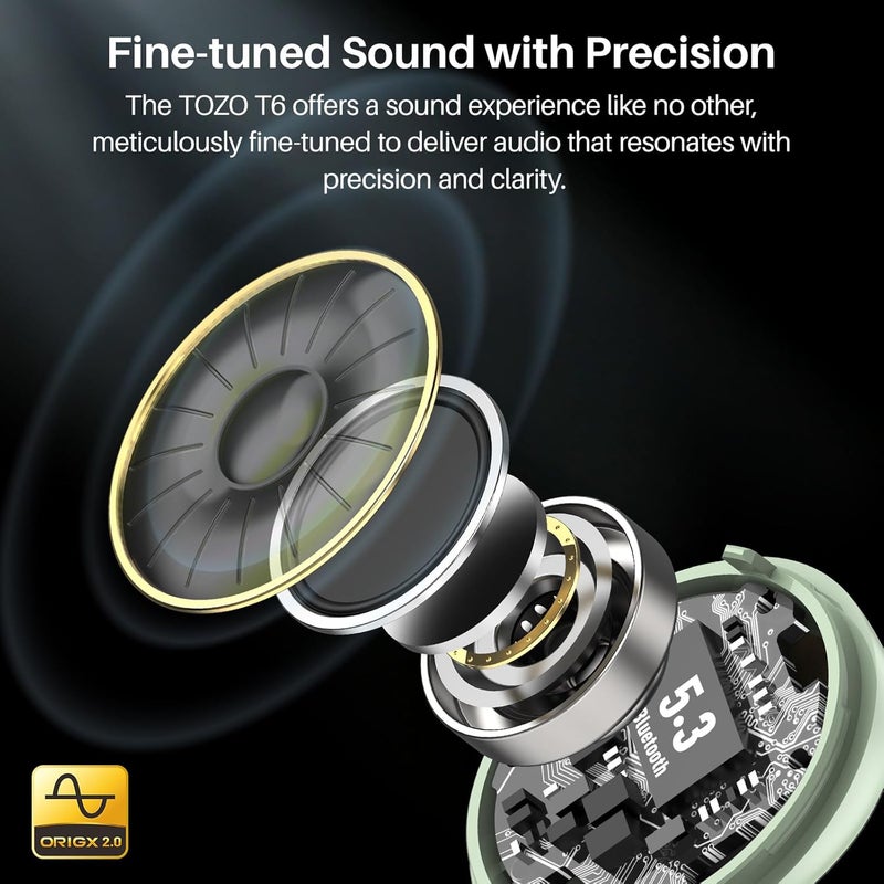 TOZO T6 Wireless Earbuds, Bluetooth 5.3 Ear Buds, Stereo Sound in Ear Headphones, 50 Hours Playtime, Wireless Charging Case, APP Customizable EQs, IPX8 Waterproof Earphones - Image 2